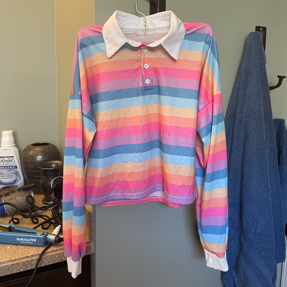 Long Sleeve Rainbow Striped Collared Shirt